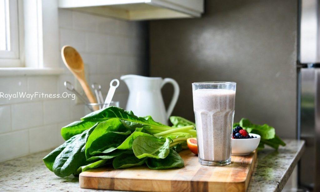 A clean kitchen counter with a high-quality protein shake